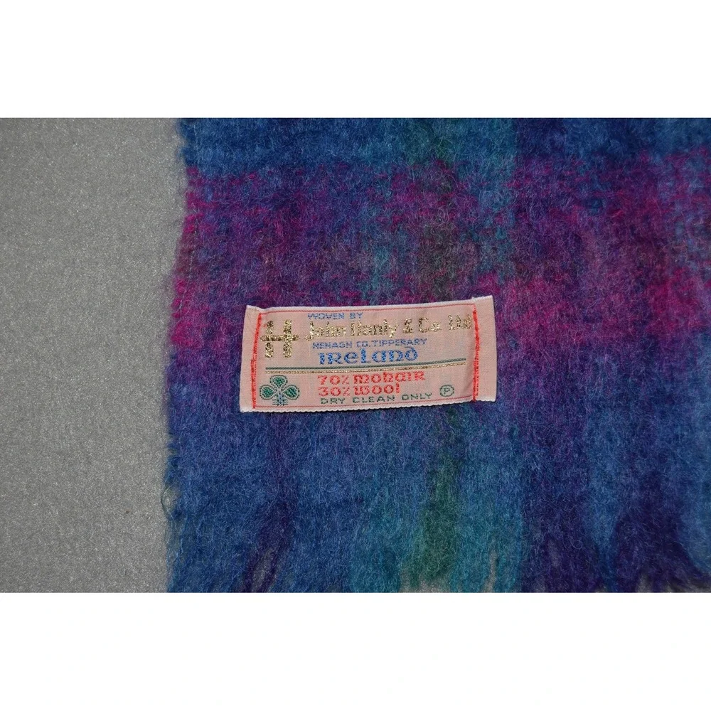 John Hanly Scarf Mohair Wool Blend Blue Purple Fringe Ireland Plaid Vintage